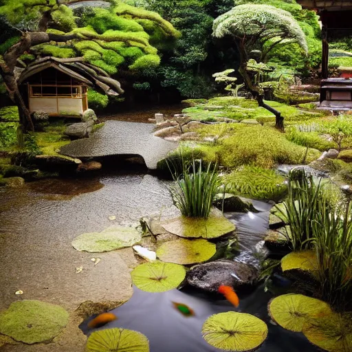Prompt: photo of japanese house with small stream beside the house. koi fish are swimming in the stream, high detail, cinematic, beautiful