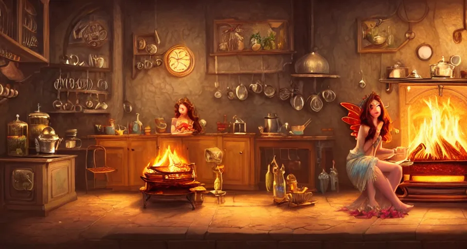 Prompt: a close - up of a fairy in a vintage magical kitchen, with a fireplace in the background d & d, fantasy, intricate, elegant, digital painting, artstation, concept art, smooth, sharp focus, sticker illustration