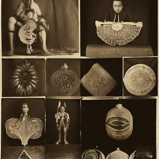 Image similar to Tintype photography of exotic objects, magic objects, ethnographic museum, indigenous, salvaje, nature and culture, 1920s studio lighting.