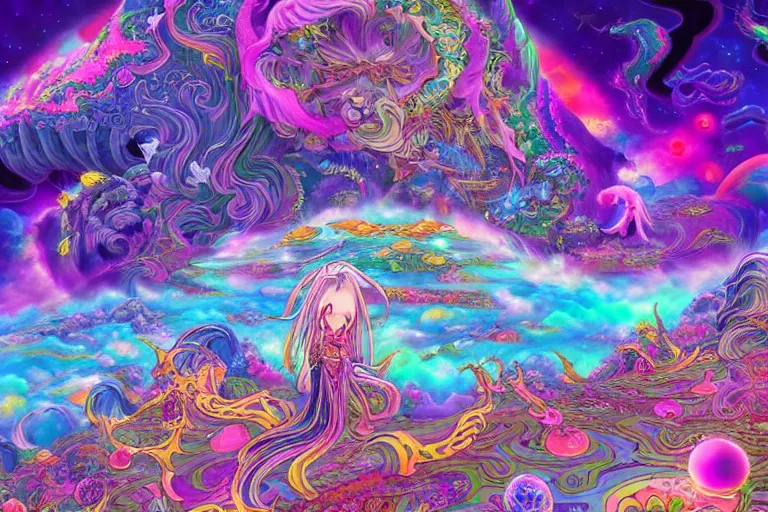 Prompt: a psychedelic realm at the edge of existence where intensely creative astral beings exist, in the style of WLOP, lisa frank, and masashi kishimoto, illustration, epic, fantasy, hyper detailed, smooth, unreal engine, sharp focus, ray tracing