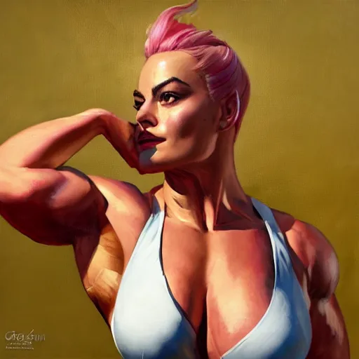 Image similar to greg manchess portrait of margot robbie as thick female bodybuilder zarya from overwatch in disco elysium, 1 3, epic grimdark, fantasy, medium shot, asymmetrical, profile picture, organic painting, sunny day, matte painting, bold shapes, hard edges, street art, trending on artstation, by huang guangjian and gil elvgren and sachin teng