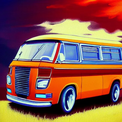 Image similar to retro painting of a volswagen van, retro style art, trendy on artstation