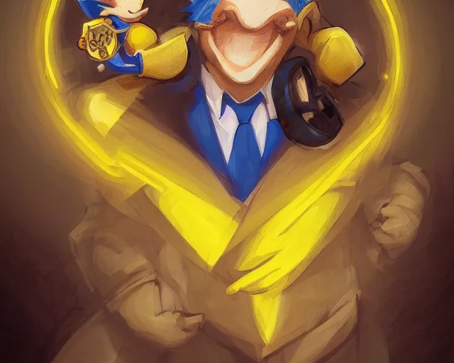 Image similar to sonic the hedgehog, mustard yellow dress shirt and necktie, focus, d & d, intricate, elegant, highly detailed, digital painting, artstation, concept art, matte, sharp focus, illustration, hearthstone, art by artgerm and greg rutkowski and alphonse mucha