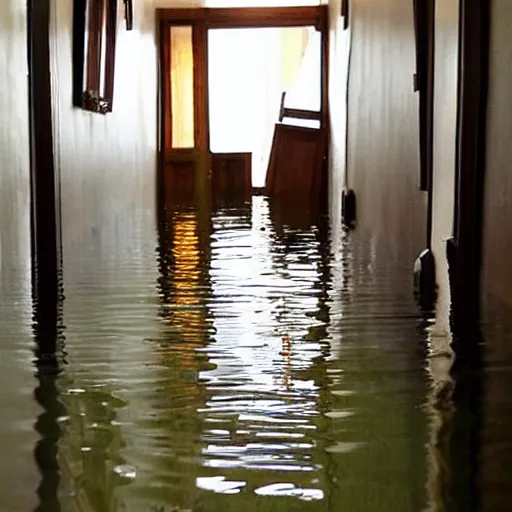 Prompt: flooded hallway in a cozy house, oddly familiar, liminal, unsettling,