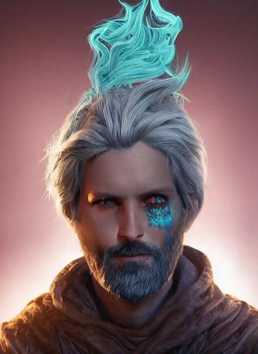 Image similar to an epic fantastic realism comic book style portrait painting of an aasimar warlock, male, shaggy silver hair, short brown beard, d & d concept art, unreal 5, daz, teal aesthetic, octane render, cosplay, rpg portrait, dynamic lighting