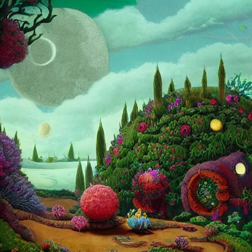 Image similar to a garden on the moon, 8 k, lowbrow, in the style of martin johnson heade, roger dean and alexander jansson, artstation,