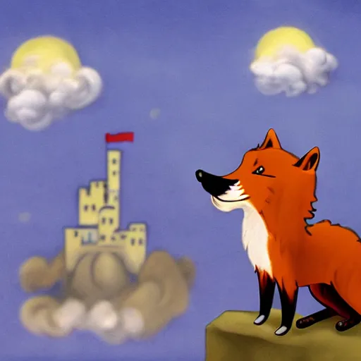 Prompt: anthropomorphic fox!! puppet who is a medieval knight holding a sword towards a stormy thundercloud [ 1 9 3 0 s film still ], castle in the background