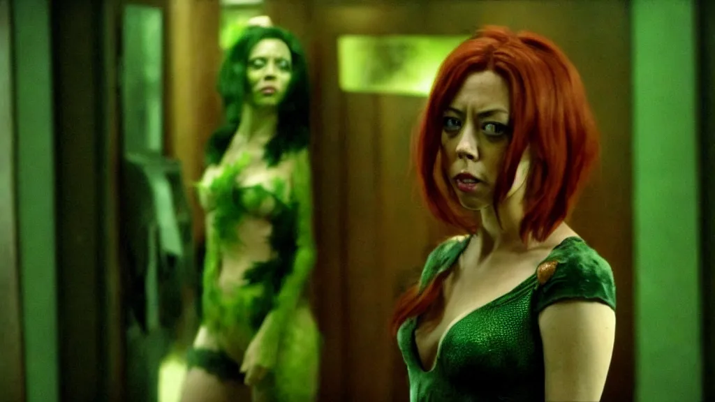 Prompt: Aubrey Plaza as Poison Ivy in The Dark Knight, only her in the shot, green skin film still from the movie, wide lens