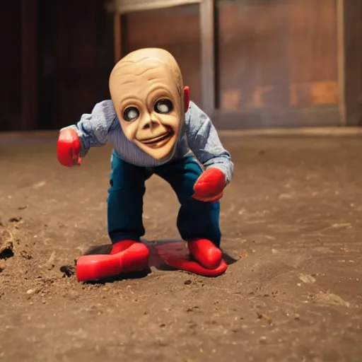 Prompt: slappy the dummy digging into the floor with a spoon