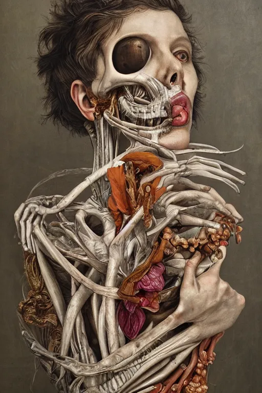 Image similar to Detailed maximalist portrait of a greek god with large lips and eyes, scared expression, botanical anatomy, skeletal with extra flesh, HD mixed media, 3D collage, highly detailed and intricate, surreal illustration in the style of Jenny Saville, dark art, baroque, centred in image