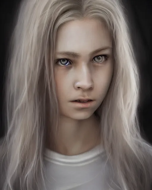 Image similar to portrait of 1 6 - year - old woman with dirty blonde hair down to her waist, pale eyebrows and protuberant silver eyes, wearing white shirt, hyper realistic face, beautiful eyes, character art, art by mark brooks, hyperdetailed, cryengine, trending on artstation, digital art