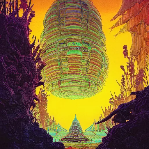 Image similar to highly detailed illustration of a temple on a strange planet, by moebius, by kilian eng, by sam freio, by thomas rome, by victor mosquera, by bruce pennington, juxtapoz, behance, dayglo, prismatic