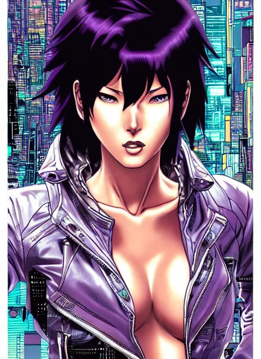 Image similar to motoko kusanagi in grungy cyberpunk megacity, intricate and finely detailed, cyberpunk vaporwave, portrait by j scott campbell, phil jimenez, ilya kuvshinov