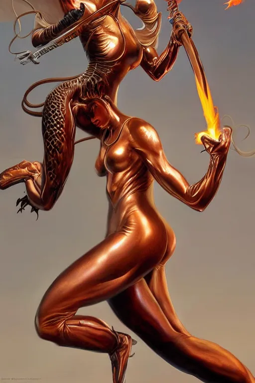 Image similar to a realistic airbrush painting of a nice looking girl with beautiful forms and skin-tight shiny leather leggings fighting a giant, flames spitting dragon with her sword, in style by hajime sorayama and boris vallejo, trending on artstation, 4K