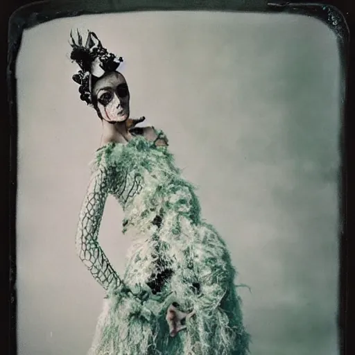 Image similar to damaged kodak portra 4 0 0, wetplate, photo of a surreal artsy dream scene,, very beautiful model, weird fashion, grotesque, extravagant dress, strange pose, carneval, with an animal, wtf, photographed by paolo roversi style