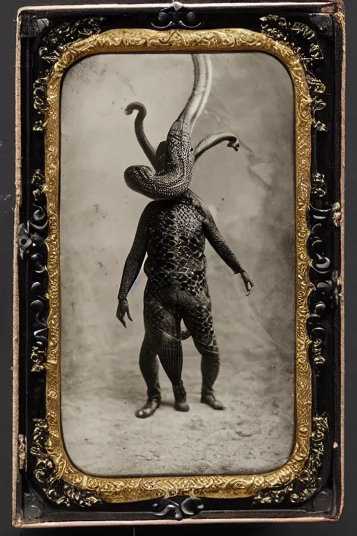 Prompt: a wet plate photo of an anthropomorphic snake dressed for the kings court