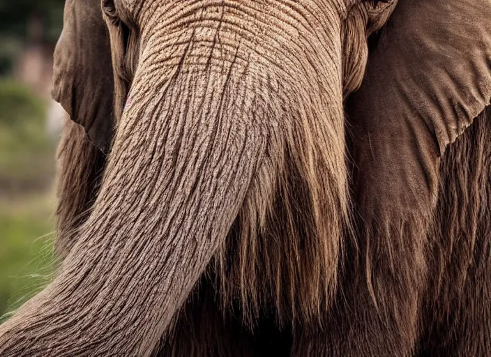 Prompt: extreme closeup of a very wooly brown hairy mammoth, elephant, mastodon, mammoth, detailed fur, zoo photography, National Geographic, HD,