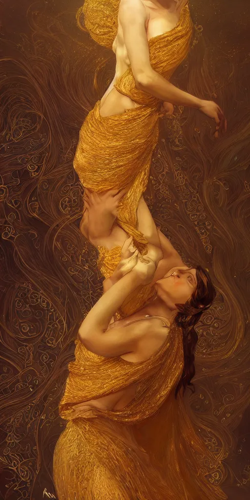 Image similar to ultra realistic illustration studio of a beautiful elegant girl in an artistic pose covered in golden silk cloths, intricate, elegant, highly detailed, digital painting, artstation, concept art, smooth, sharp focus, illustration, art by artgerm and greg rutkowski and alphonse mucha by klimt