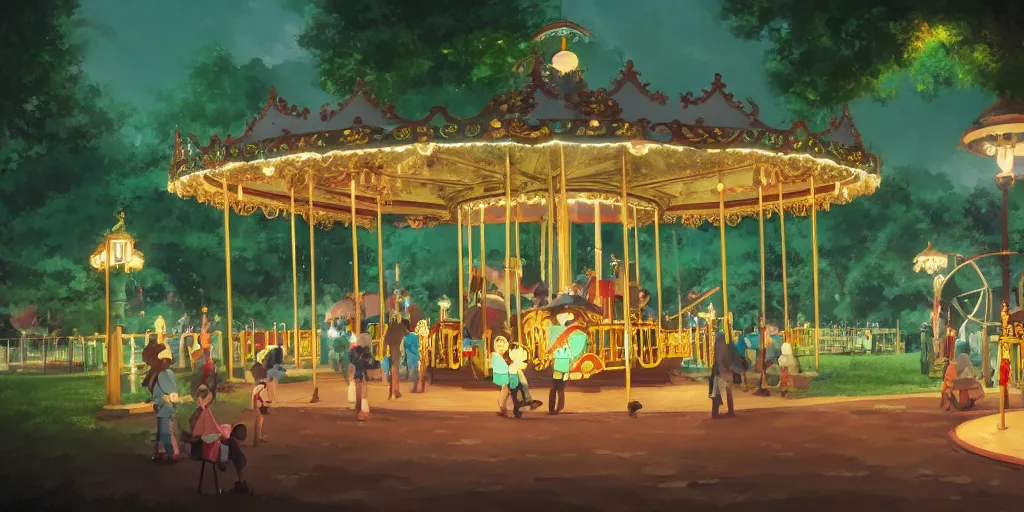 Image similar to at a merry - go - round park, evening, detailed matte painting, low angle view, telephoto lens, bokeh, studio ghibli, artstation