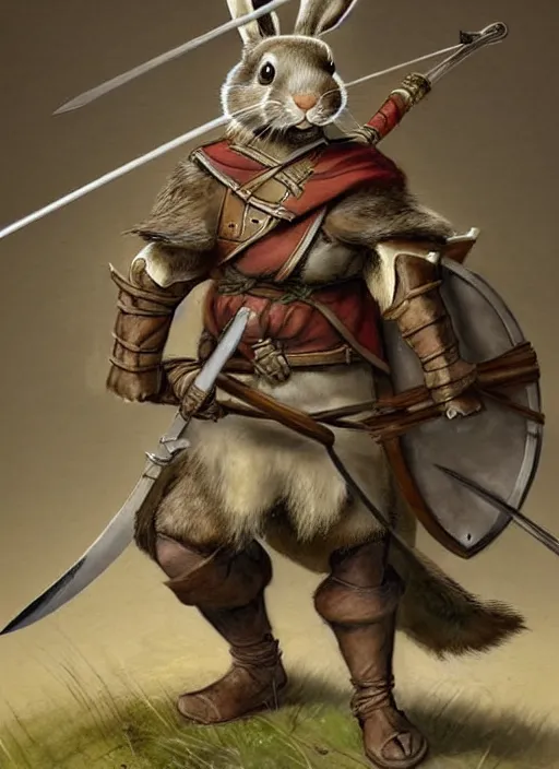 Image similar to a heroic rabbit archer with sword and shield on a parchment background, redwall, greg rutowski and jean baptiste monge, detailed, epic fantasy concept art