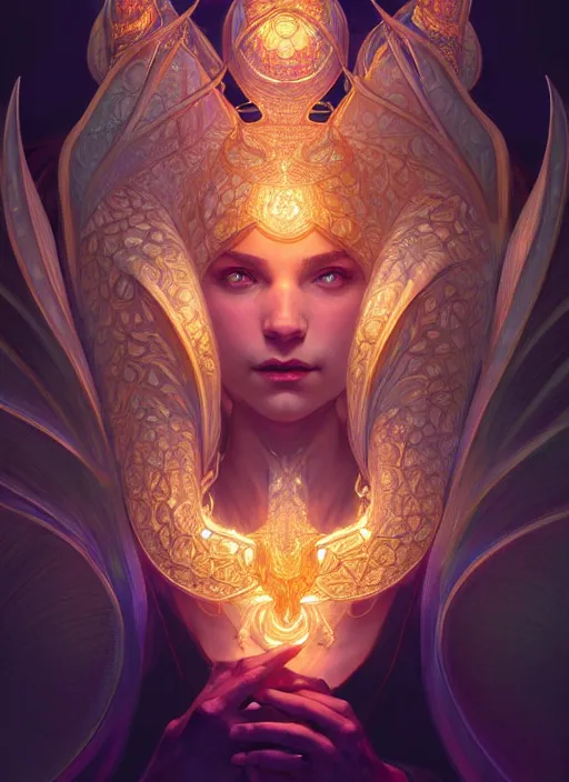 Image similar to symmetry!! portrait of a dragon, fantasy, glowing lights!! intricate, elegant, highly detailed, digital painting, artstation, concept art, smooth, sharp focus, illustration, art by artgerm and greg rutkowski and alphonse mucha