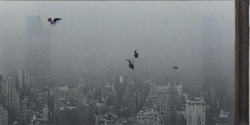 Prompt: detailed medium format photo, polaroid still from tarkovsky movie, giant pigeon sitting on a newy york building rooftop, haze, high production value, intricate details, 8 k resolution, hyperrealistic, hdr, photorealistic, high definition, tehnicolor, award - winning photography, masterpiece, amazing colors