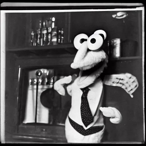 Image similar to a black and white photograph of gonzo the muppet at a speakeasy, national archives (1935)