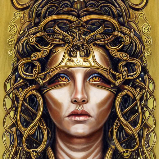 Image similar to symmetrical, detailed portrait color painting of medusa by greg rutowski, gold tones, priestess, full body