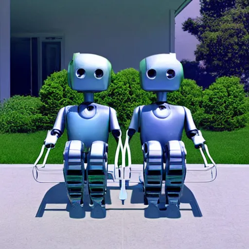 Prompt: two old retired robots sitting on a porch swing outside a futuristic home in the style of Beeple