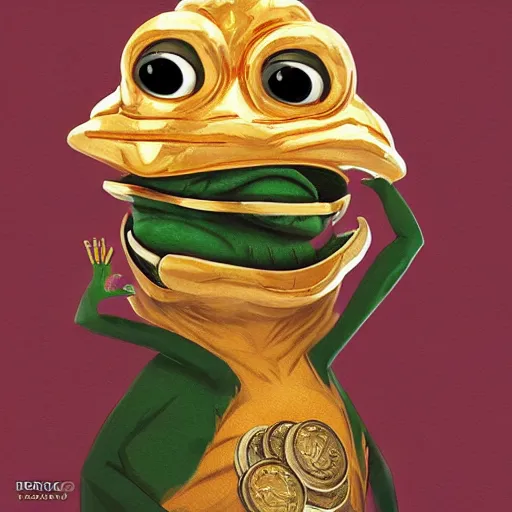 Image similar to super rich happy pepe, coins, gold, crystals, greg rutkowski