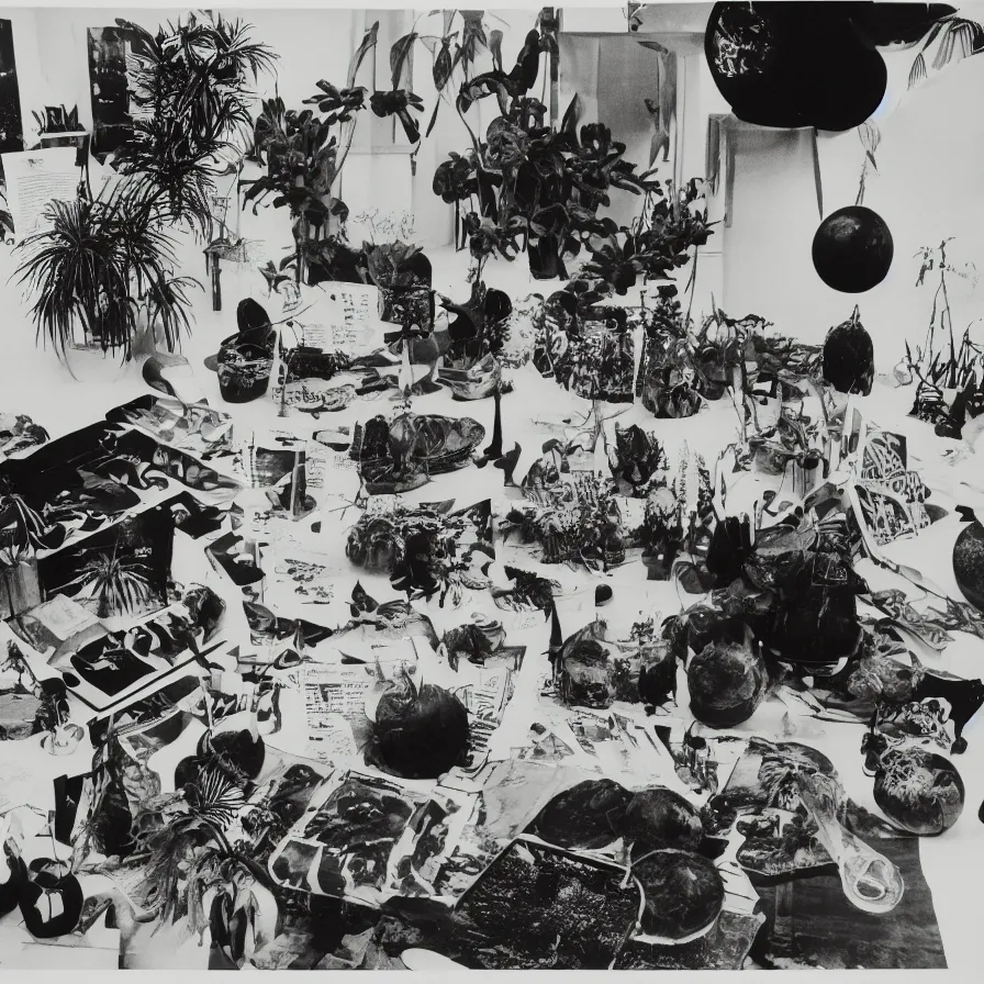 Image similar to A black and white photography of an exhibition space with objects of Sun Ra, Marcel Duchamp and tropical plants, 60s, offset lithography print, newspaper, detail, nature morte