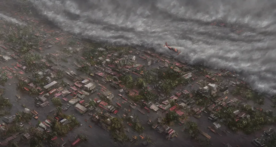 Prompt: landscape, aerial view of a massive hurricane destroying a small town, dramatic lighting, cinematic, aerial photo, by WLOP, eddie mendoza, simon stålenhag, raphael lacoste, extremely high detail, photo realistic, cinematic lighting, post processed, concept art, trending on artstation, matte painting