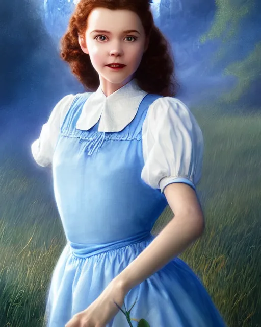 Prompt: dorothy from the wizard of oz, perfect face, blue dress over white shirt, cinematic, stunning, highly detailed, digital painting, artstation, smooth, hard focus, illustration, art by jessica rossier and and brian froud