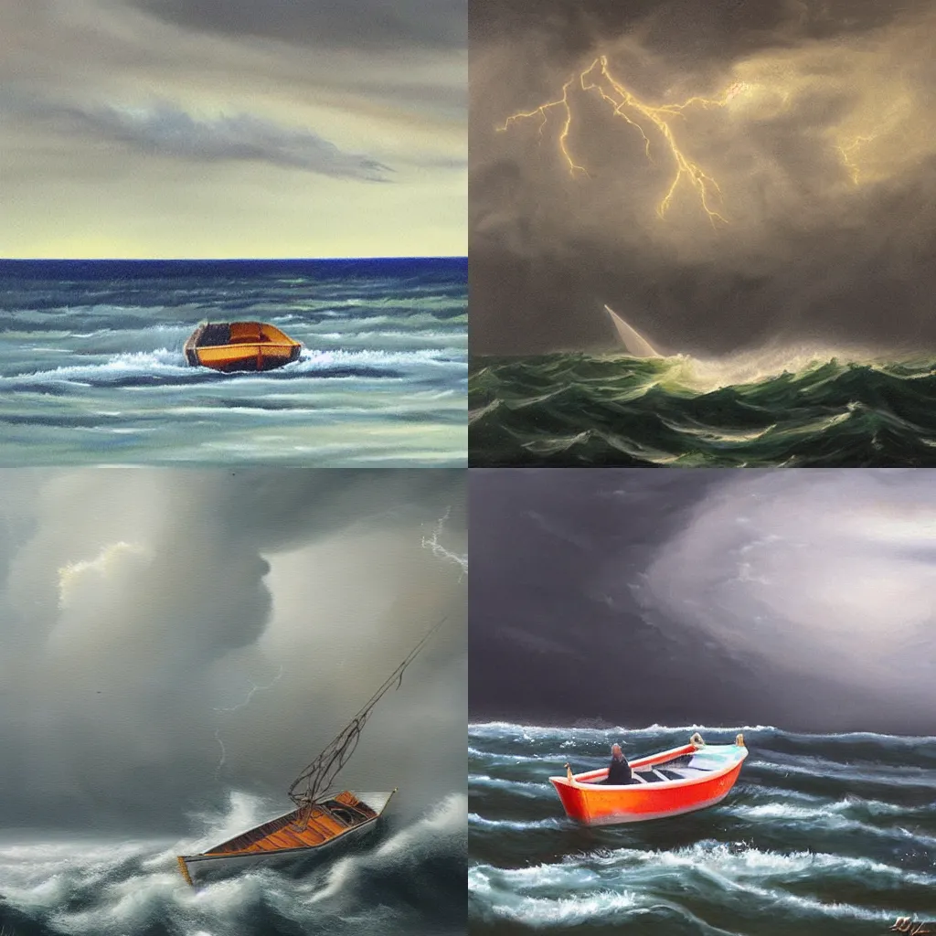 Prompt: small boat in an epic storm. Painting by Stable Diffusion