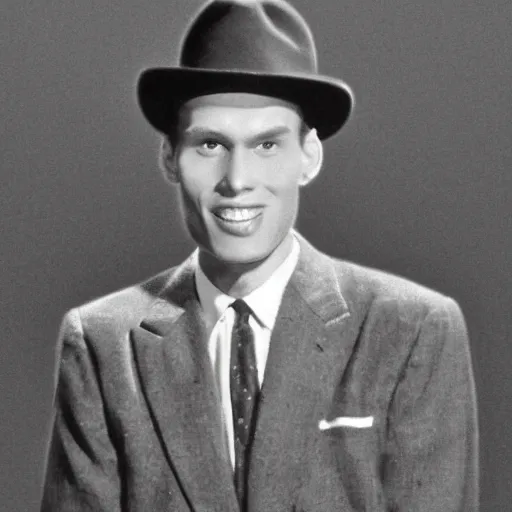 Image similar to A photograph portrait of Jerma985 wearing a suit with and fedora in the 1950s, taken in the early 1950s, grainy, taken on a 1950s Kodak Camera, realistic, hyperrealistic, very realistic, highly detailed, very detailed, extremely detailed, detailed, digital art, trending on artstation