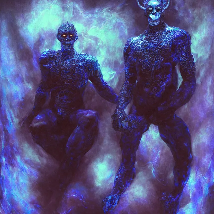 Prompt: neoclassicist renaissance full body portrait of blue demon seated inside singularity, with high tech body connection implants interface. iridescent textures. highly detailed fantasy science fiction painting by chris cunningham and vrubel. dark and volumetric. trending on artstation