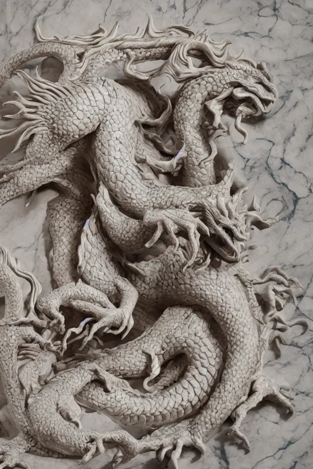 Image similar to photograph of a sculpture on the marble of a hyper detailed dragon on clay made from bernini