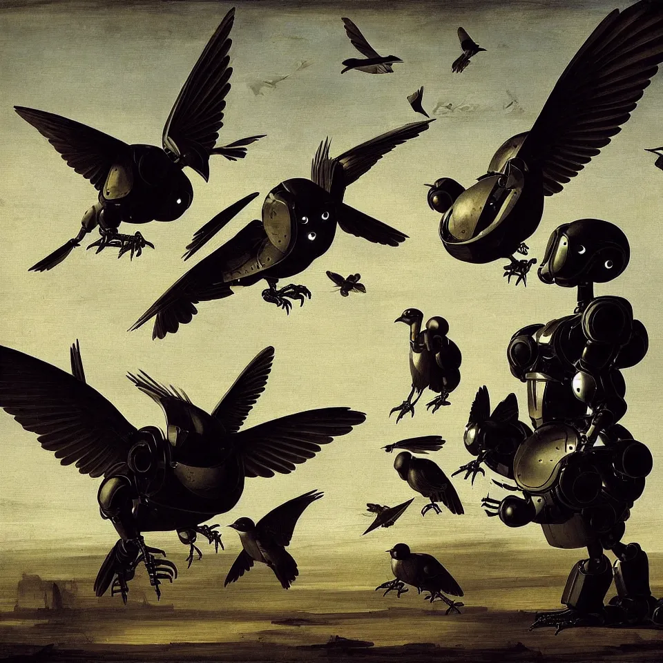 Image similar to robot birds by caravaggio, dynamic lighting, cinematic, epic composition, masterpiece