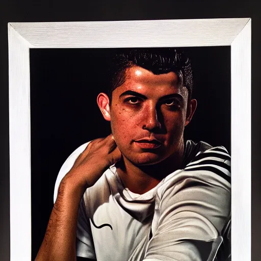 Image similar to portrait of ronaldo luis nazario de lima by yousuf karsh, holy halo, neon ambient lighting, high detail