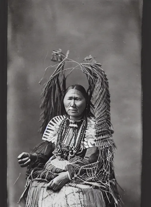 Prompt: Antique portrait of a Navajo woman dressed in traditional attire, posing in front of baskets she weaved, albumen silver print, Smithsonian American Art Museum