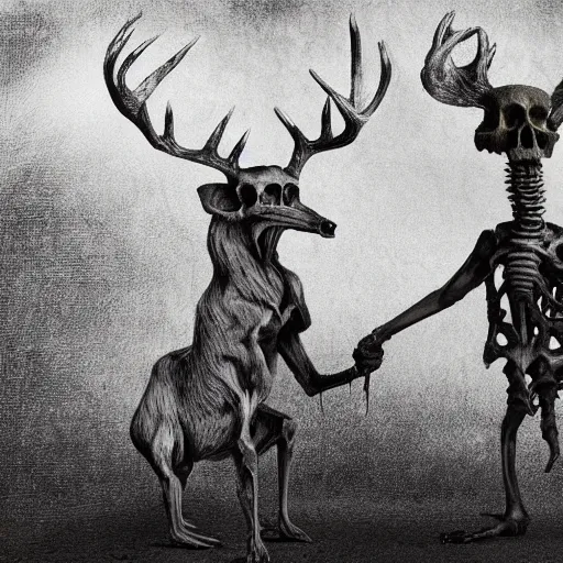 Image similar to two creatures with deerk skull heads shaking hands and looking at the camera, horror, nightmare, terrifying, surreal, nightmare fuel,