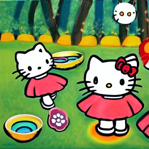 Image similar to painting of hello kitty and her friends playing outside on a sunny day, by yoko shimizu, by sanrio
