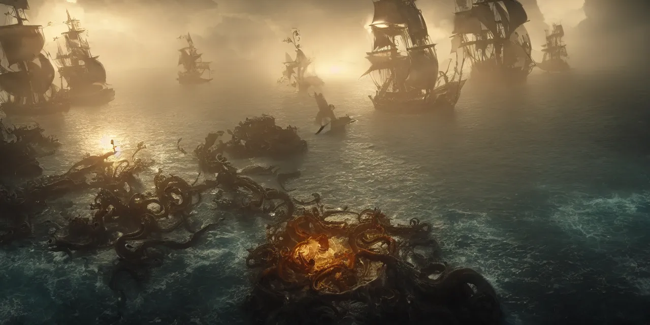 Image similar to pirates vs the kraken tentacles coming out of the water, cinematic, foggy, volumetric lighting, fire, unreal engine, trending on artstation