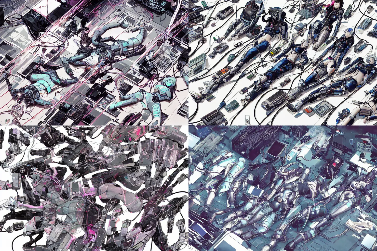 Prompt: a cyberpunk illustration of a group of female androids in style of masamune shirow, lying on an empty, white floor with their bodies scattered around in different poses and cables and wires coming out, by yukito kishiro and katsuhiro otomo, hyper-detailed, intricate, view from above
