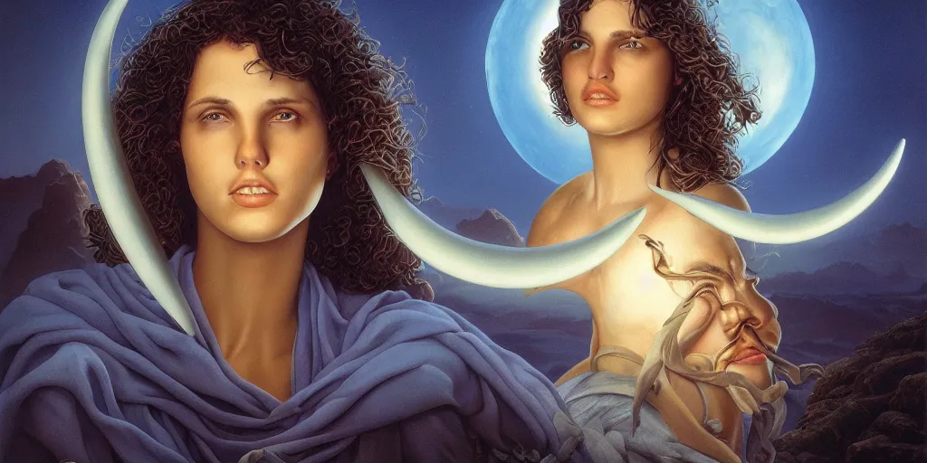 Image similar to crescent moonlit pilgrimage of the blind beautiful young woman Michael Whelan by Jeff Easley photorealistic by Edmonia Lewis, cinematic, coherent, realistic faces, detailed, intricate, dramatic lighting, establishing shot, 8k resolution