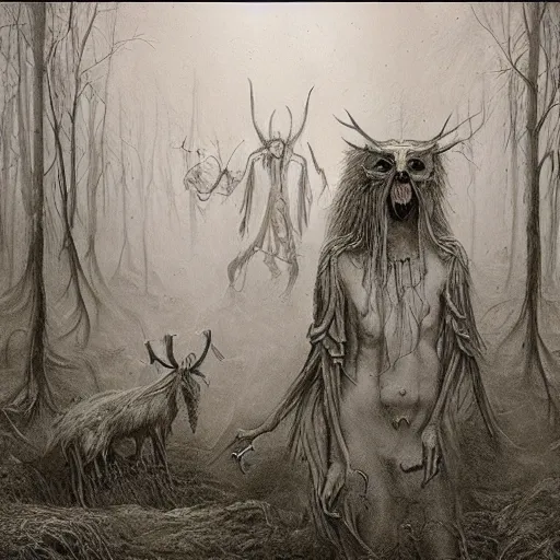 Prompt: occult sacrifice in the woods, skinwalkers involved, detailed concept art beksinski style