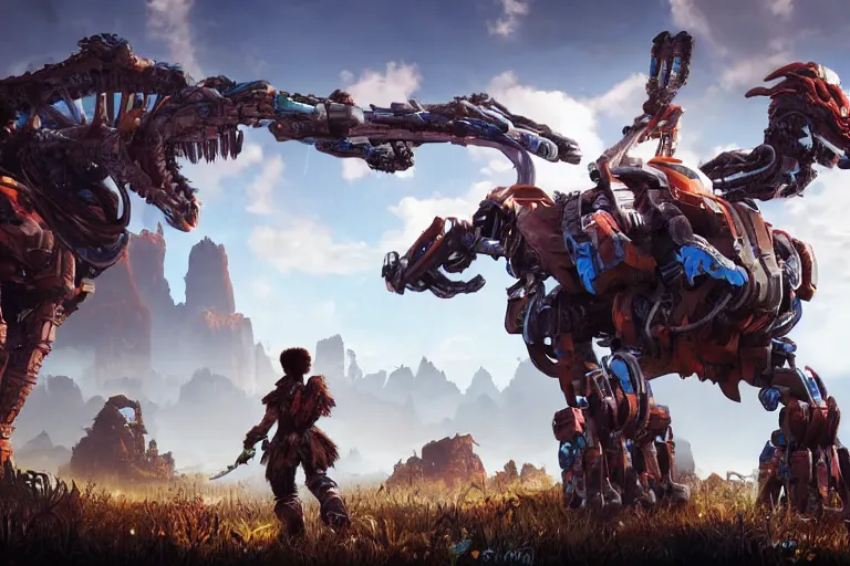 Image similar to thunderjaw machine mecha animal beast robot of horizon forbidden west horizon zero dawn bioluminiscence global illumination ray tracing hdr fanart arstation by sung choi and eric pfeiffer and gabriel garza and casper konefal