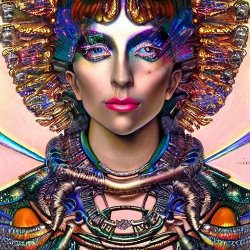 Image similar to close - up renaissance portrait of an iridescent art deco lady gaga, reflective detailed textures, highly detailed fantasy science fiction painting by moebius, norman rockwell and william holman hunt. modern industrial shaman, rich colors, high contrast. artstation