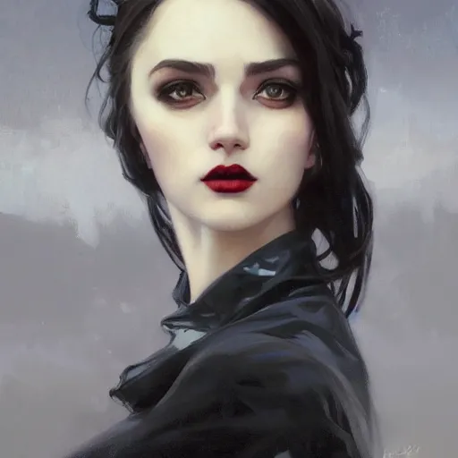Image similar to oil painting of evil grumpy dark haired women, cameraflash portrait by ilya kuvshinov, artgerm, alphonse mucha, and greg rutkowski, wearing black coat, black makeup, ice mage, shooting ice, fantasy artwork, fantastic artwork, 4 k, trending on artstation