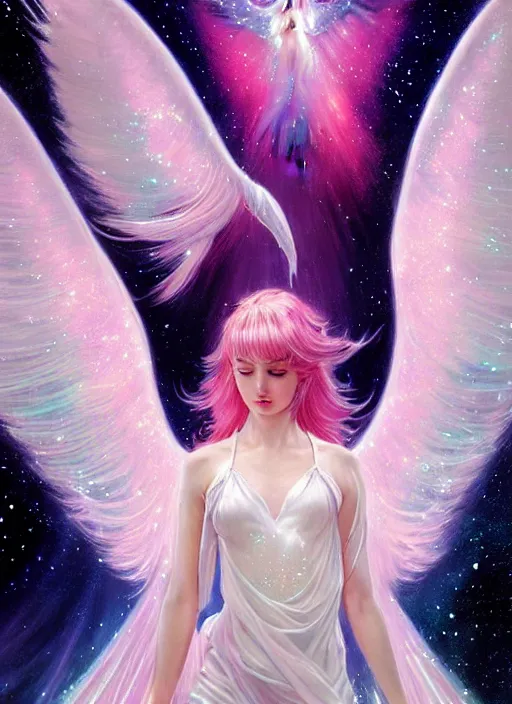 Image similar to closeup harmony of pink haired angel beautiful yoongi wearing white sparkly shiny greek clothes, muted colors, nebula background, neon sparkles everywhere, big wings, dynamic hair movement, + + + + + + dynamic pose, holographic space, glowing effect, j. c leyendecker, by alan lee, wlop! illustrated by starember, fantasy art by craig mullins